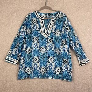 Talbots Cotton Tunic Top Womens Petite 3XP Moroccan Tile Print Classic